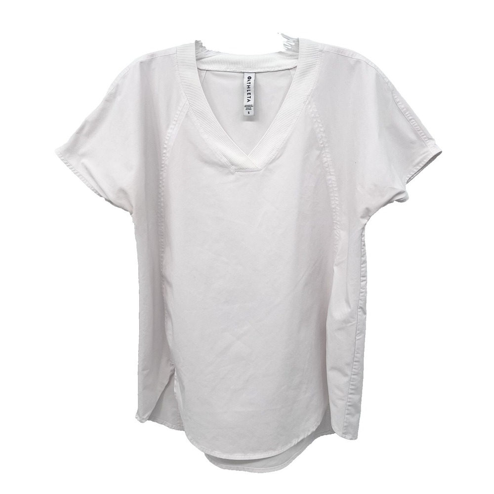 ATHLETA Women's Size S White Zephyr V-Neck Tee Athletic Casual Scrub Top Stretch